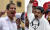 &#39;셀프 대통령&#39;을 선언한 베네수엘라 후안 과이도 국회의장(왼쪽)과 마두로 대통령이 9일(현지시간) 수도 카라카스에서 각각 지지자들에게 연설하고 이다. [EPA=연합뉴스]