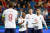 26일 열린 유로2020 예선 몬테네그로전에서 해리 케인(왼쪽)의 골이 터지자 기뻐하는 잉글랜드의 라힘 스털링, 로스 바클리, 조던 헨더슨(왼쪽 둘째부터). [로이터]