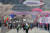6일 오전 경북 경주시 보덕동에서 열린 제28회 벚꽃마라톤대회에 참가한 선수들이 출발 신호에 맞춰 달려나가는 모습. [뉴스1]