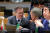 문재인 대통령이 지난해 10월 19일 벨기에 브뤼셀 유러피언빌딩에서 열린 제12차 아셈정상회의 전체회의에서 누르술탄 나자르바예프 카자흐스탄 당시 대통령과 대화를 나누고 있다. 청와대 제공