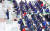 황교안 자유한국당 대표(왼쪽)가 24일 오전 국회 로텐더홀에서 열린 ‘패스트트랙’ 저지를 위한 의원총회에서 발언하고 있다. [뉴시스]