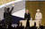 2월 아키히토 일왕 재위 30주년 기념행사에서 만세를 외치는 아베 신조 총리(뒷모습). [AP=연합뉴스]