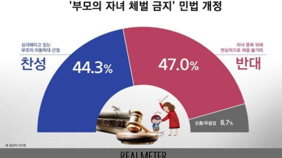 ‘부모의 자녀 체벌금지’ 법개정, 반대 47% vs 찬성 44.3% [리얼미터]