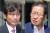 유시민 노무현재단 이사장(왼쪽)과 홍준표 전 자유한국당 대표가 3일 오전 유튜브 토론 &#39;홍카레오(홍카콜라 알릴레오)&#39; 녹화를 위해 서울 강남구의 한 스튜디오로 향하고 있다. [뉴스1]