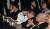 문재인 대통령과 강형우 전 프로게이머(왼쪽 셋째)가 14일(현지시간) 스웨덴 에릭손 스튜디오에서 e스포츠를 보고 있다. [사진 LG U+ ]