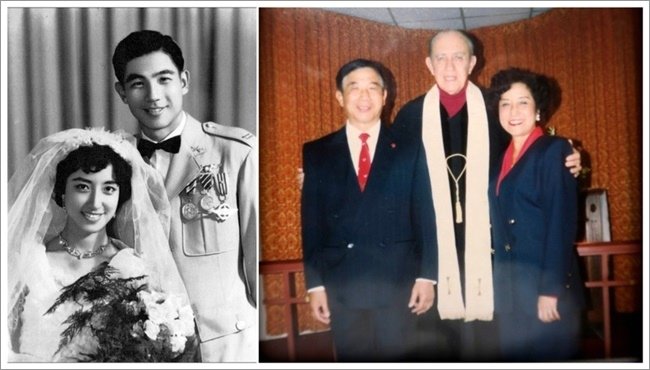장리이와 장자치 부부가 1956년 결혼 당시 모습(왼쪽 사진). 장리이가 대만으로 귀환한 이듬해인 1991년 두 사람은 미국에서 다시 결혼식을 올렸다(오른쪽 사진). [영화 &#39;질풍유령 흑묘중대&#39; 캡처]