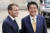 지난해 10월 파리 엘리제 궁에서의 정상회담에 앞서 기자들 앞에 선 마크롱 프랑스 대통령과 아베 일본 총리.[AP=연합뉴스] 