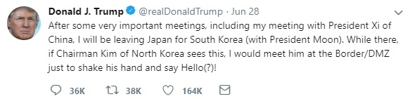 트럼프 대통령은 지난달 29일 한국을 방문하기 전 북한 김정은 국무위원장과 만나고 싶다는 트윗을 올렸다. [사진 트럼프 대통령 트위터]
