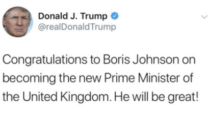 트럼프, 보리스 존슨 영국 신임 총리에 축하메시지…“잘 해낼 것”
