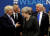 지난 5월 북대서양조약기구(NATO) 회의에서 도널드 트럼프 미국 대통령(오른쪽)이 보리스 존슨 당시 영국 외무장관(왼쪽)과 대화하고 있다. 가운데는 테리사 메이 당시 영국 총리.[로이터=연합뉴스]