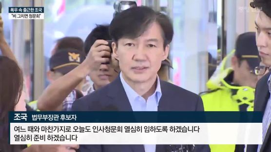 폭우 속 출근한 조국 "비 그치면 청문회"…의혹엔 '부인'