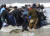  구조대와 자원봉사자들이 16일(현지시간) 아르헨티나 마르치키타 인근 해변에 고립된 범고래를 바다로 돌려보내기 위해 애를 쓰고 있다. [AP=연합뉴스]