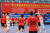 23일 중국 추저우에서 열린 도쿄올림픽 아시아 예선에서 여자 핸드볼 대표팀(붉은 유니폼)이 북한 선수들과 경기하고 있다. [사진 대한핸드볼협회]
