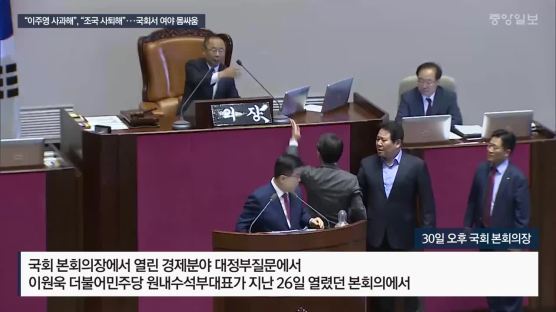 “이주영 사과해”, “조국 사퇴해”···국회서 여야 몸싸움