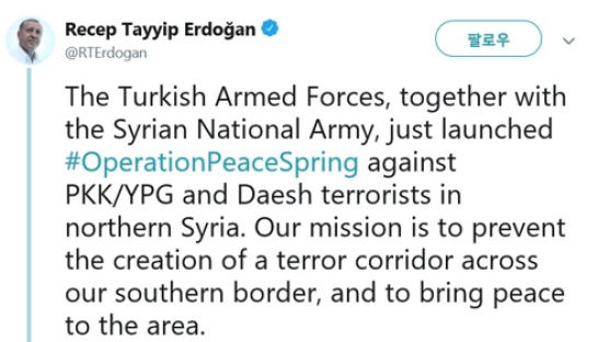 에르도안 “시리아 북부서 ‘평화의 봄’ 작전 개시”