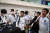 북한 평양에서 월드컵 2차예선을 치른 이강인(오른쪽 둘째) 등 축구국가대표팀이 16일 오후 중국 베이징 서우두 공항에 도착했다. [연합뉴스]
