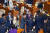 박근혜 대통령이 지난 2015년 10월 27일 서울 여의도 국회에서 &#39;2016년도 예산안 시정 연설&#39;을 한 후 국회의원들과 인사나누며 퇴장하고 있다. 야당 의원들은 자리에 앉아있다.[청와대사진기자단]