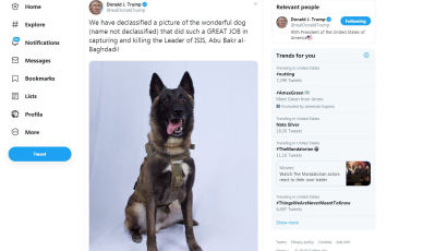 트럼프, 알바그다디 잡은 "훌륭한 개" 사진 공개, 이름은 '기밀'