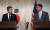 정경두 국방부 장관과 마크 에스퍼 미국 국방부 장관이 17일 태국 방콕 아바니 리버사이드호텔에서 이달 예정된 연합공중훈련 연기 결정 관련 공동 기자회견을 하고 있다. [연합뉴스]