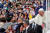 프란치스코 교황이 나가사키 야구장에서 한 어린이의 손을 잡고 있다. [ EPA=연합뉴스]
