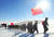 북한 전국 당 선전일꾼들이 지난 10일 백두산지구 혁명전적지답사 행군을 하고 있다. [노동신문=뉴스1]