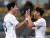지난 11일 부산아시아드주경기장에서 열린 2019 동아시안컵 한국과 홍콩의 경기에서 나상호(오른쪽)가 두번째 골을 성공 시킨 뒤 이정협과 기쁨을 나누고 있다. [연합뉴스]