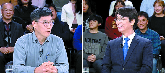 진중권 전 동양대 교수(왼쪽)와 유시민 노무현재단 이사장이 지난 1일 오후 JTBC 신년특집 토론회에서 ‘한국 언론, 어디에 서 있나’를 주제로 토론하고 있다. [JTBC 캡처]