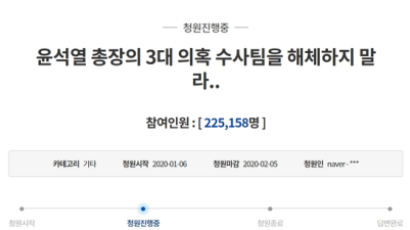 ‘청와대 관련 의혹 수사중인 검찰수사팀 해체반대’ 청원 20만명 동의