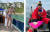롭 리아가 지난해 7월 영국해협에서 수영을 하기에 앞서 기념사진을 찍고 있다(왼쪽 사진). 오른쪽 사진은 영국해협을 건넌 후 샌드위치를 먹는 모습.[연합뉴스]