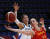 8일 세르비아에서 열린 도쿄올림픽 여자농구 최종예선에서 박지수(왼쪽)가 스페인 선수 공격을 막고 있다. [AP=연합뉴스]