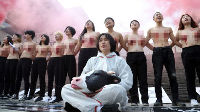 "엄마 소, 강간·출산 반복 슬픈 삶"···동물단체 상의탈의 시위