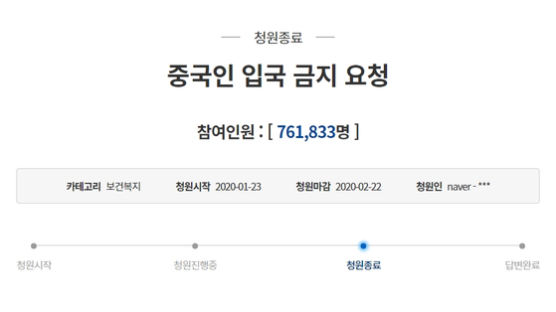 '중국인 입국금지' 청와대 청원 마감…76만명 서명