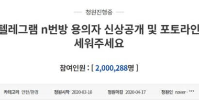'n번방' 용의자 신상공개 청원 200만명 참여···역대 최다 동의