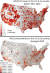 위의 지도는 미국 카운디별 인구 10만 명당 확진자 숫자, 아래 지도는 이산화질소 농도를 나타낸다. [자료 스위스 제네바대학]