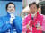 4·15 총선 서울 광진을에 출마한 고민정 더불어민주당 후보(왼쪽)와 오세훈 미래통합당 후보가 14일 서울 광진구에서 유권자들을 향해 지지를 호소하고 있다. 뉴스1