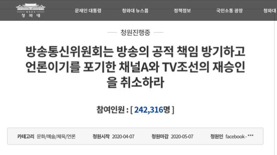 채널AㆍTV조선 재승인 오늘 의결…"취소하라" 국민청원 24만 넘어