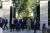 도널드 트럼프 미국 대통령이 1일(현지시간) 백악관 로즈가든에서 기자회견을 마친 뒤 참모들과 함께 걸어서 인근 세인트존스 교회로 이동하고 있다. [AP=연합뉴스]