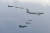 24일 오후 한국방공식별구역(KADIZ)에 진입한 시그너스를 F-15K 등 공군 전투기 6대가 엄호 비행하는 모습. [사진 국방부]