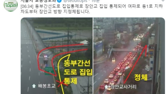 [속보] 서울 동부간선도로 전면 교통통제…중랑천 수위상승