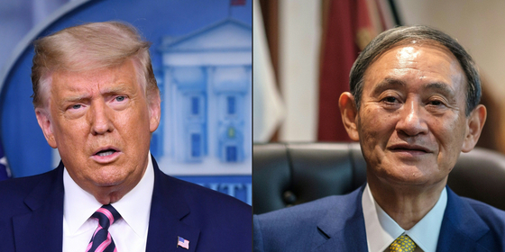 도널드 트럼프 (왼쪽) 미국 대통령과 스가 요시히데 일본 총리가 20일 밤 첫 전화회담을 가졌다. [AFP=연합뉴스]