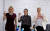 벨라루스 대선 전인 지난 7월 17일 스베틀라나 티하놉스카야(가운데), 베로니카 체프칼로(왼쪽), 마리아 콜레스니코바가 수도 민스크에서 기자회견을 열고 있다. [로이터=연합뉴스]