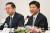궈핑(오른쪽) 화웨이 순환회장이 23일 화웨이 커넥트 행사에서 기자회견을 하고 있다.[AFP=연합뉴스]