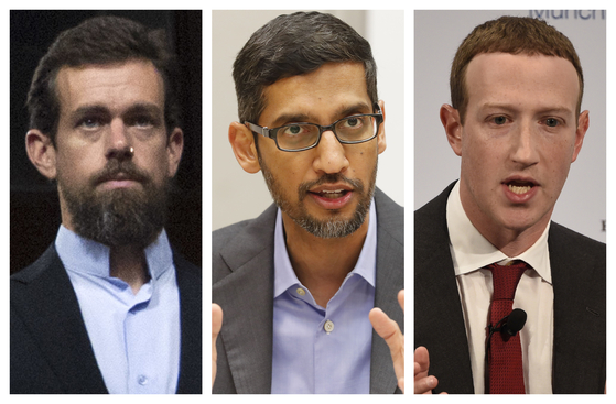 트위터의 잭 도시(왼쪽부터), 구글의 순다르 피차이, 페이스북의 마크 저커버그 CEO. [AP=연합뉴스]