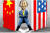 스가 요시히데 일본 총리가 미국과 중국 국기 사이에 있는 캐리커처.[SCMP 캡처]