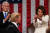 도널드 트럼프 대통령의 2020년 신년 국정연설 직후 낸시 펠로시 하원의장이 한쪽 입꼬리를 올리며 트럼프 대통령을 향해 박수를 치고 있다.[AFP=연합뉴스]