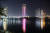  아랍 에미리트 아부다비 국영석유회사(ADNOC) 본사에 분홍 조명이 켜져있다. [AP=연합뉴스]