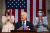조 바이든 미국 대통령(가운데)이 28일(현지시간) 취임 후 첫 상·하원 합동연설을 하는 동안 카멀라 해리스 부통령 겸 상원의장(왼쪽)과 낸시 펠로시 하원의장이 손뼉을 치고 있다.[AP=연합뉴스] 