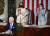 조 바이든 미국 대통령이 28일 국회에서 연설하고 있다. 뒷줄은 커밀라 해리스 부통령과 낸시 펠로시 하원의장. AP=연합뉴스