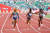 지난 6월 샤캐리 리처드슨(왼쪽 첫번째)이 미국 여자 100m 단거리 경기에서 우승한 뒤 기뻐하고 있다. [AFP=연합뉴스]