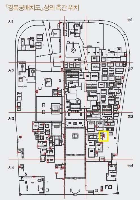 경복궁 배치도와 복궐도형 등 경복궁과 관련된 여러 자료에서는 화장실이 '측', 또는 '측간'으로 표시돼있다. 문화재청은 각종 자료와 실제 발견 위치를 비교해 이번 석조 유구가 화장실임을 확인했다. 노란색 네모 안이 경복궁 동궁 남편 화장실 유구가 위치한 곳. 자료 문화재청
